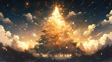 Golden Christmas Tree Isolated On Stars Sky Background. 
