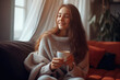 © tong2530 - joyful young woman enjoying a cup of coffee at home. Generative Ai