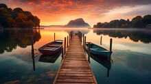 Sunset Over A Pier On With Boats On A Lake, Generative AI