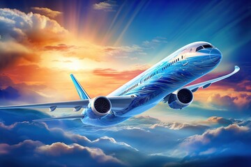 Wall Mural - aircraft soaring through the sky. Show it in a majestic pose, wings outstretched against the backdrop of the blue sky and clouds. Generated with AI