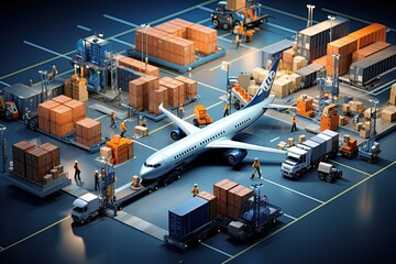 Wall Mural - world of air cargo transportation. Depict a bustling airport tarmac with cargo planes of various sizes being loaded and unloaded.Generated with AI