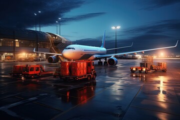 Wall Mural - world of air cargo transportation. Depict a bustling airport tarmac with cargo planes of various sizes being loaded and unloaded.Generated with AI