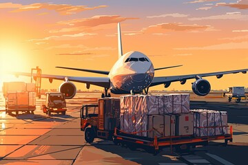 Wall Mural - world of air cargo transportation. Depict a bustling airport tarmac with cargo planes of various sizes being loaded and unloaded.Generated with AI