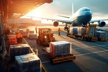 World Of Air Cargo Transportation. Depict A Bustling Airport Tarmac With Cargo Planes Of Various Sizes Being Loaded And Unloaded.Generated With AI