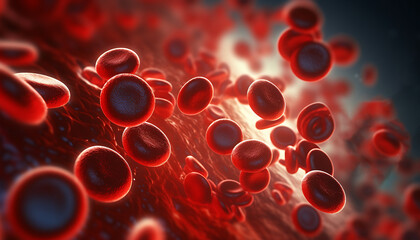 Red blood cells background with floating pathogen respiratory influenza virus cell. 3D medical illustration
