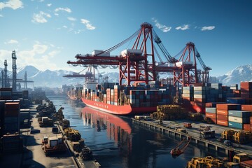 world of shipping transports. Depict a bustling port with cargo ships of various sizes and types, loading and unloading goods by cranes.Generated with AI