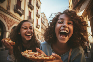 Young female friends eating pizza and smiling, sitting outside. Happy women enjoying street food in the city - Italian food culture Concept