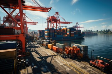 world of shipping transports. Depict a bustling port with cargo ships of various sizes and types, loading and unloading goods by cranes.Generated with AI