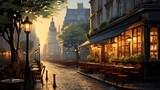 Fototapeta Londyn - a painting of a city street with tables, chairs and lamps. generative ai