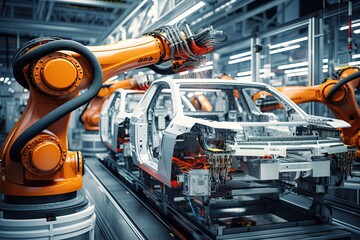 Wall Mural - robot arms in the modern automotive industry. Generated with AI