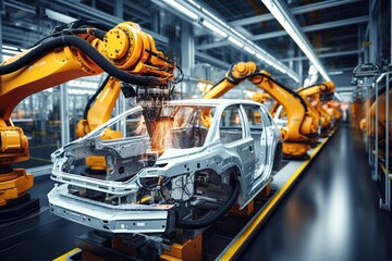 Wall Mural - robot arms in the modern automotive industry. Generated with AI