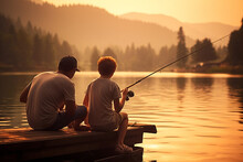 Happy Family On A Pontoon Boat, Fishing Together On A Tranquil Lake. Ai Generated