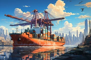 world of shipping transports. depict a bustling port with cargo ships of various sizes and types, lo