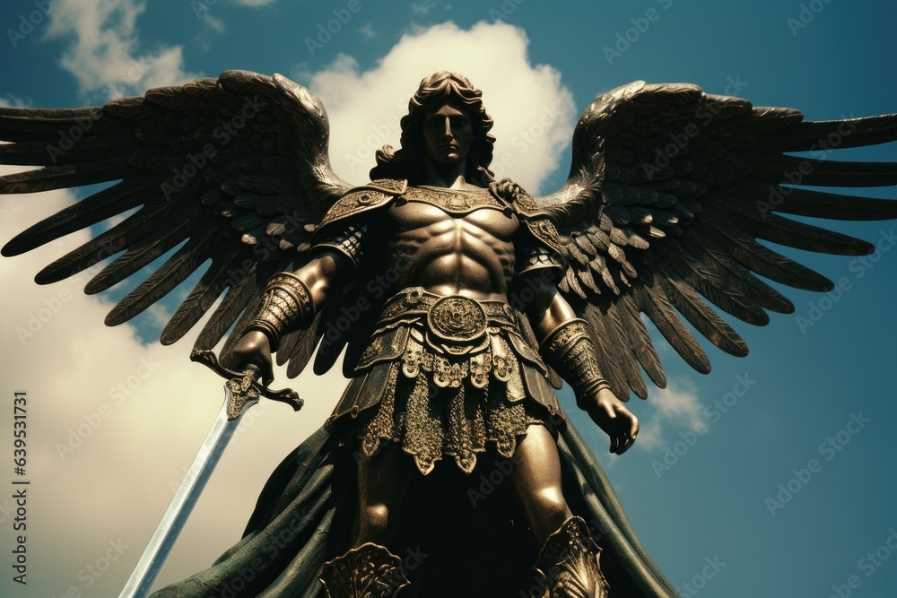 Statue of Archangel Michael with a sword on a sky background Stock ...