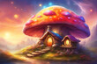 Fairytale mushroom house with flowers, cute colorful small elf cottage in forest  with luminescent colors.