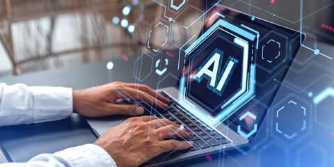 Poster - Man hands using laptop with futuristic AI interface