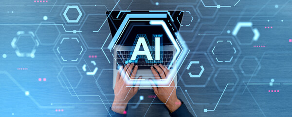 Poster - businessman fingers texting in laptop, ai hologram and machine learning