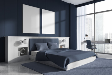 Blue bedroom interior bed and workplace near panoramic window. Mockup frame