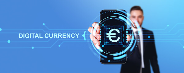 Poster - Businessman showing phone with euro digital currency with circuit board