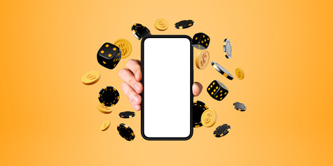 Man hand showing smartphone with blank screen and online casino app