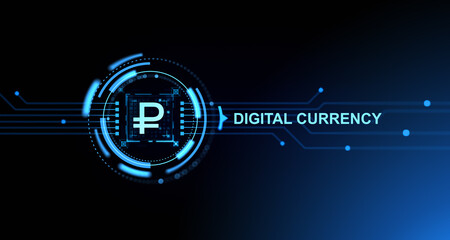 Poster - Glowing ruble icon and circuit board, digital currency hologram