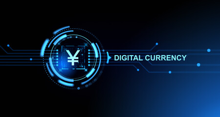 Poster - Glowing yen or yuan sign and circuit board, digital currency hologram