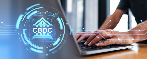 Poster - Man typing in laptop, CBDC glowing hologram with bank icon with circuit board
