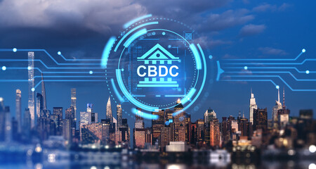 Wall Mural - New York with CBDC glowing hologram with bank icon and circuit board