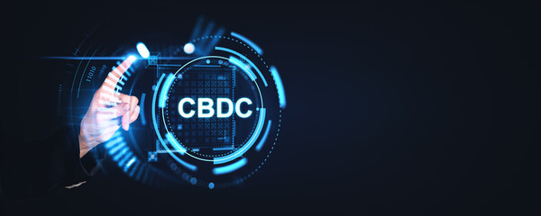 Poster - Woman hand pressing CBDC icon