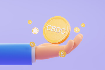 Poster - Cartoon man hand in blue holding CBDC coin