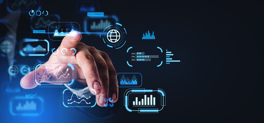 Poster - Businessman finger touch graph chart with big data analysis and statistics