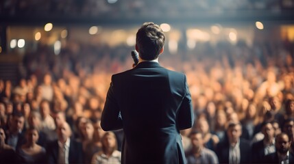Back view of motivational speaker standing on stage in front of audience for motivation speech on conference or business event. AI generative