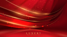 Red Luxury Background With Gold Ribbon Elements And Spotlight Effect With Glitter Light Decorations With Bokeh.
