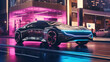 © Marco Attano - Futuristic concept, electric autonomous vehicle in a neon - lit cityscape, aerial view, sharp details, bright city lights reflected on metallic body, crisp