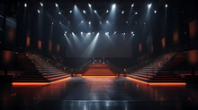 A Fashion Runway Empty Stage: Spotlights, Long Runway, Anticipation, Front Row Seats, Large Venue, Atmospheric