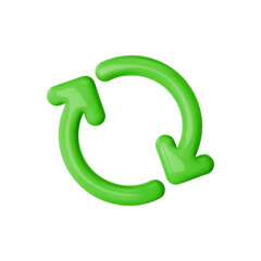 Recycle green arrow. 3d eco icon. Recycling symbol, concept reuse, refresh, sustainable energy, saving green planet . Repeat round arrow. Vector cartoon illustration