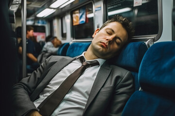 Tired employee sleeping on the subway. The concept of overwork and lack of time