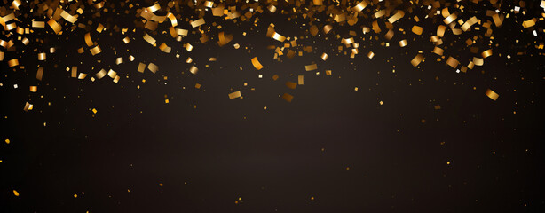 Golden confetti falling on a black background banner