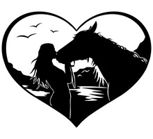 Silhouette Of A Woman And A Horse In A Heart. Horse Love Hand Drawn Illustration For Plotter Cutting. Vector Logo