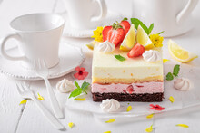 Delicious Strawberry Sponge Cake With Jelly And Fruits.