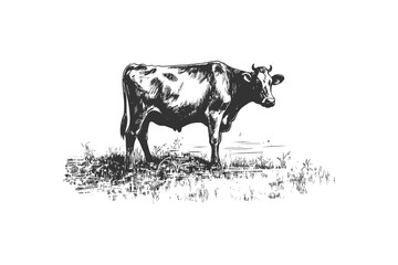 Wall Mural - Cow grazing in the meadow retro hand drawn sketch. Vector illustration design.