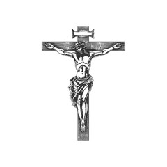 Crucifix cross with jesus sketch hand drawn. Vector illustration design.