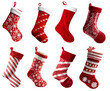 Christmas stocking red collection on transparent background cutout. PNG file. Many assorted different variety design. Mockup template for artwork design