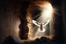 White Dove Flying From Stone Tomb In Light Rays. Resurrection Of Jesus Christ Concept
