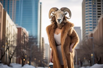 Wall Mural - big horn woman goat wearing fashion outfit with cityscape background, Generative Ai