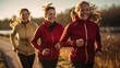 three woman in different age old and young women jogging running together in park, healthy lifestyle, 
 Generative Ai