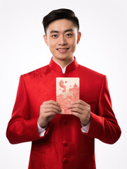 Young Asian man in mandarin dress holding red envelope on white background Chinese new year concept