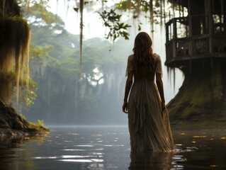 Poster - Photo feeling, a asian beauty standing by the river, The misty lake, shrouded in a veil of mystery, is surrounded by lush trees and vegetation. 