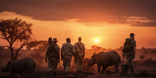 A Group Of Park Rangers Relocating Rhinos For Conservation, Dust Filled Sunset Backdrop