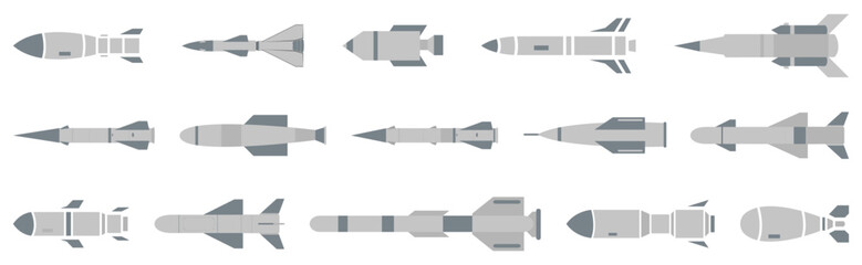 Wall Mural - Cruise missiles collection in a flat design. Set of combat rocket weapons. Different types of missiles isolated. Fighter aircraft missiles icons